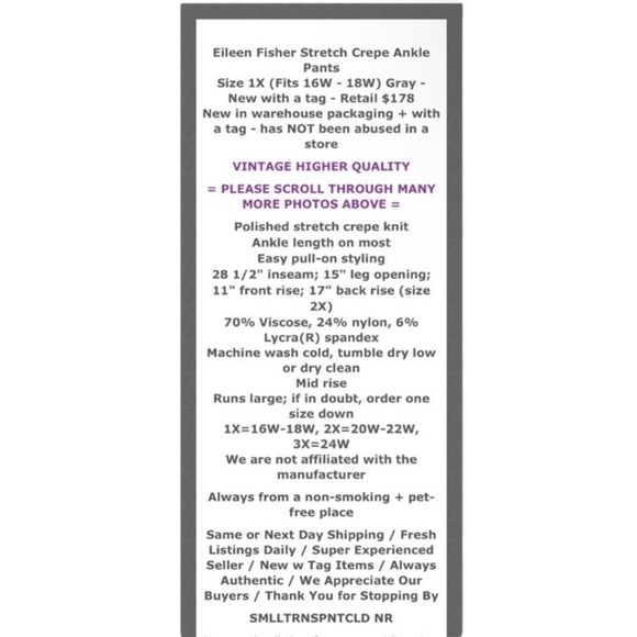 Eileen Fisher Ankle Pants Stretch Crepe 1X Gray Straight Leg Stretch Crepe NWT - Picture 2 of 15